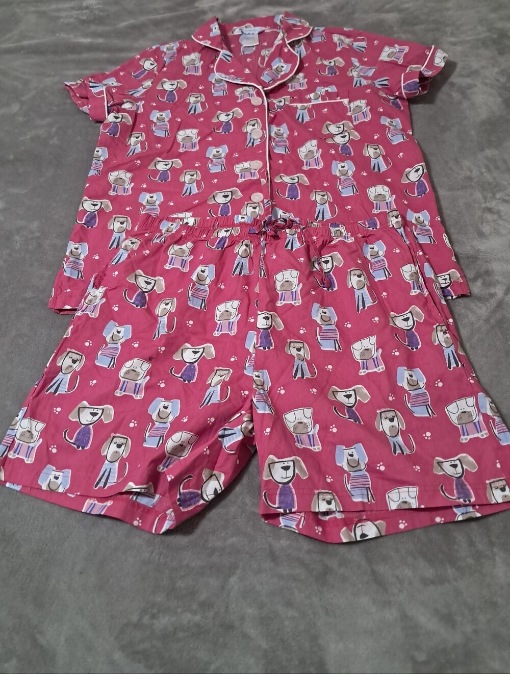 The Company Store Poplin Cotton Pink Dog-Print Short Pajama Set Sz. L